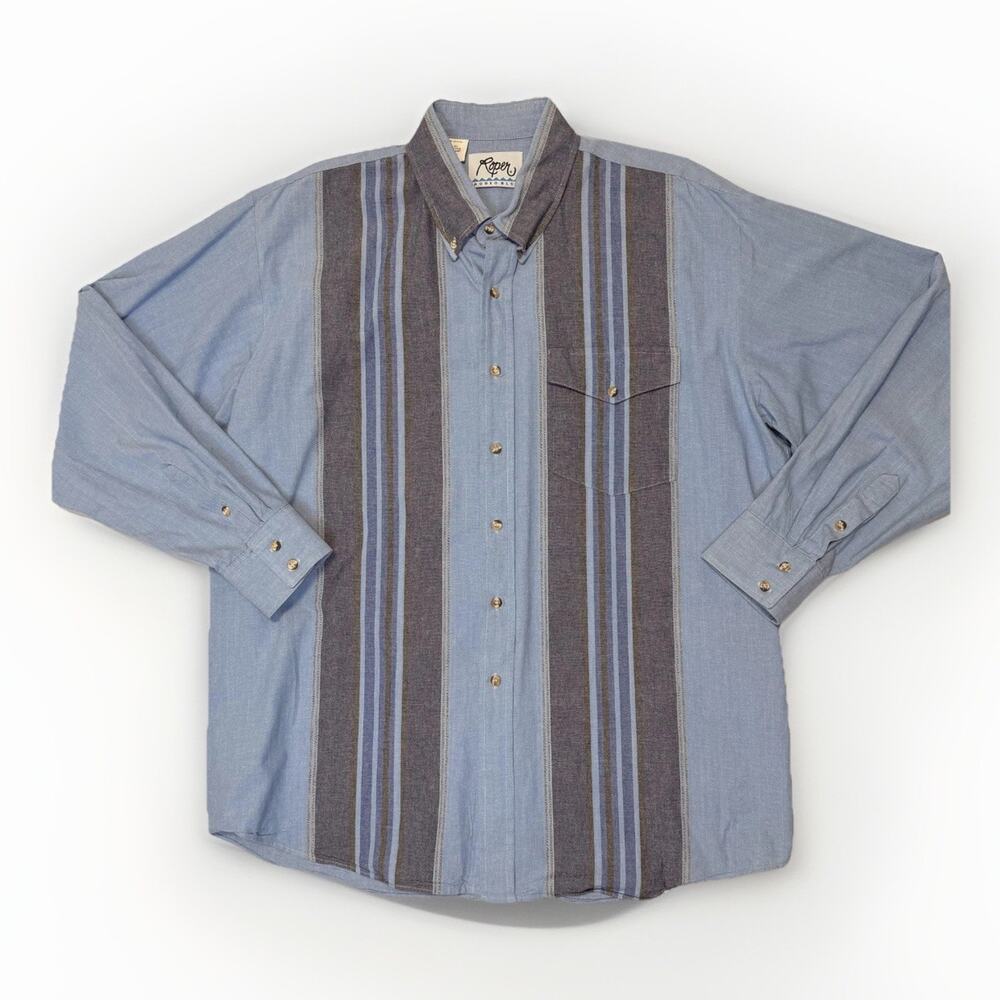 Vintage Roper Rodeo Blue Shirt Mens XL Blue Striped Western Button Front 90s